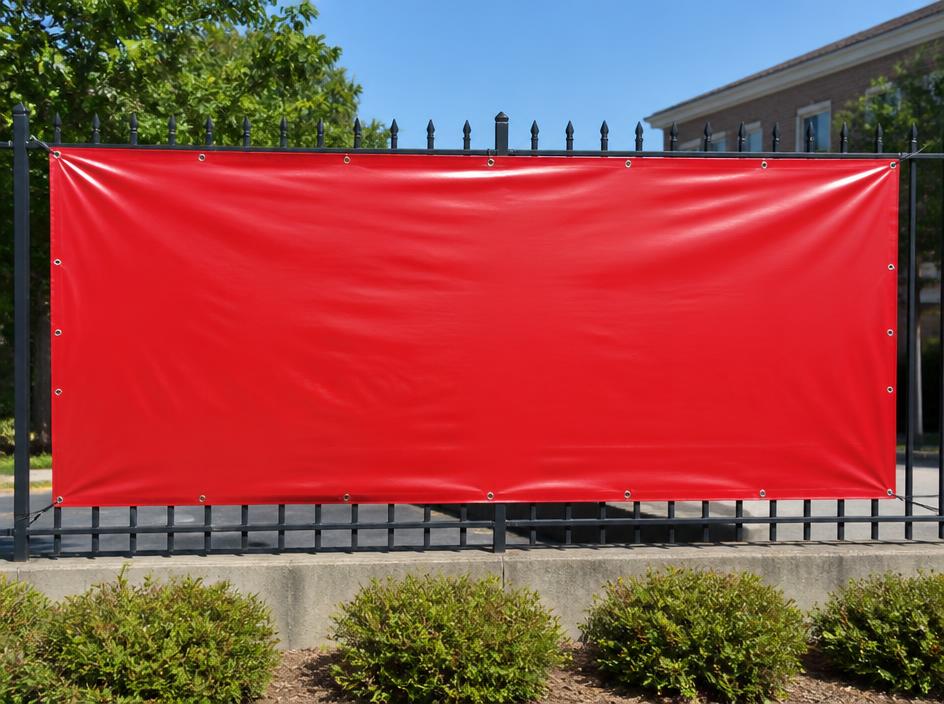 Large vinyl banner mounted on a fence outdoors